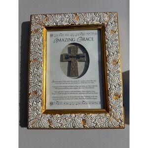 Amazing Grace Framed Hymn Wall Art with Dimensional Silver Cross 8x10 Gold Frame